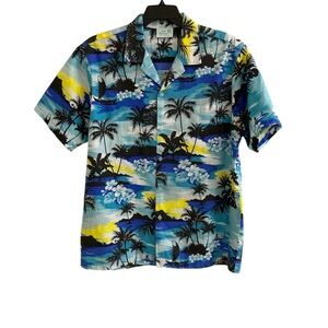 Jade Fashions Hawaiian Shirt Mens Size L Blue Green Palm Trees Made in Hawaii